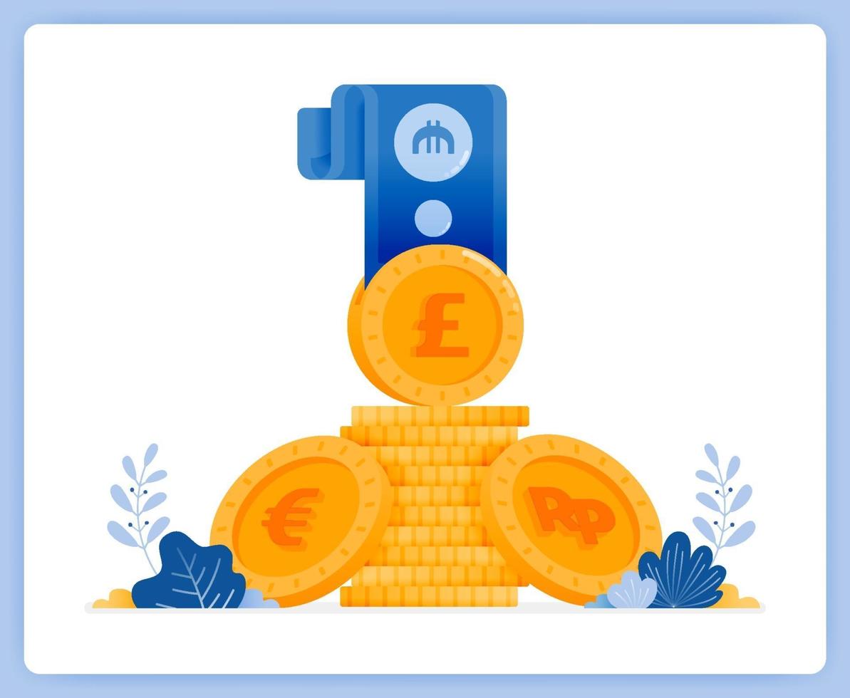 Stapel von Fremdwährungen in Form von Goldmünzen und Banknoten. kann für Zielseiten, Websites, Poster und mobile Apps verwendet werden vektor