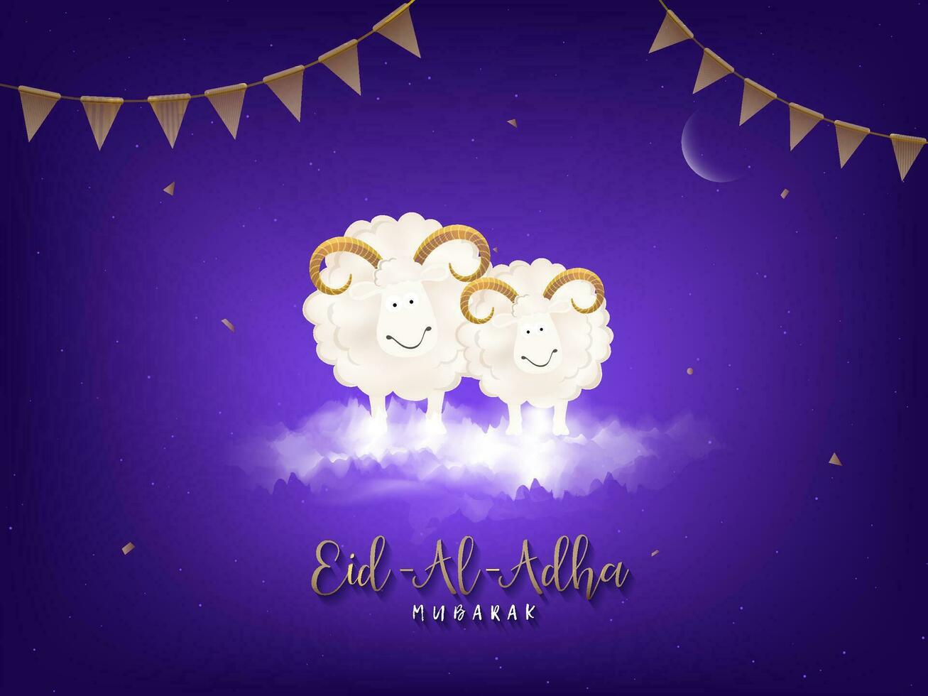 eid-al-adha Mubarak Konzept mit zwei lächelnd Schaf Zeichen und golden Ammer Flaggen hängend auf lila wolkig Hintergrund. vektor