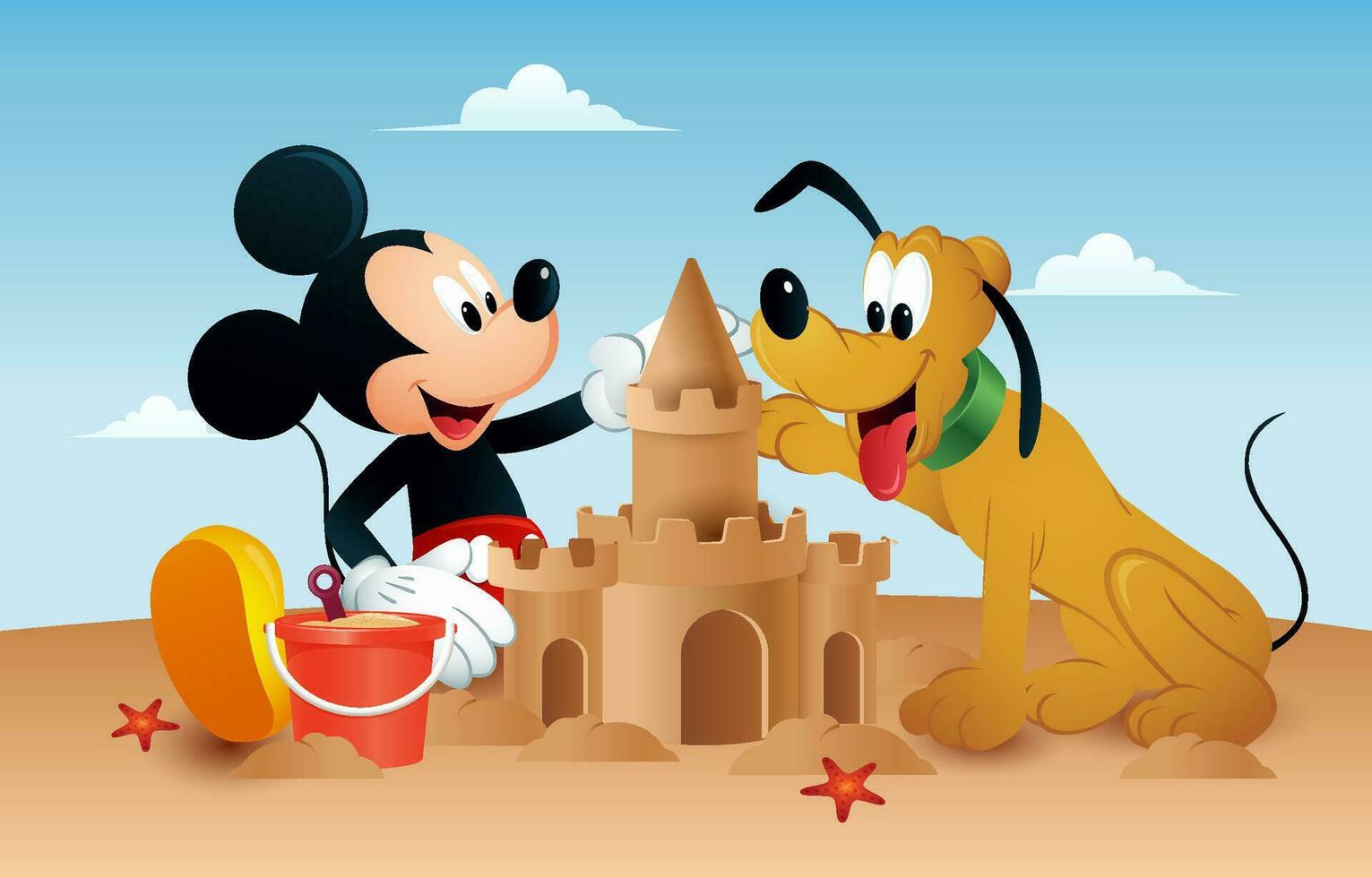liten mus och hans hund spelar sand på de strand vektor