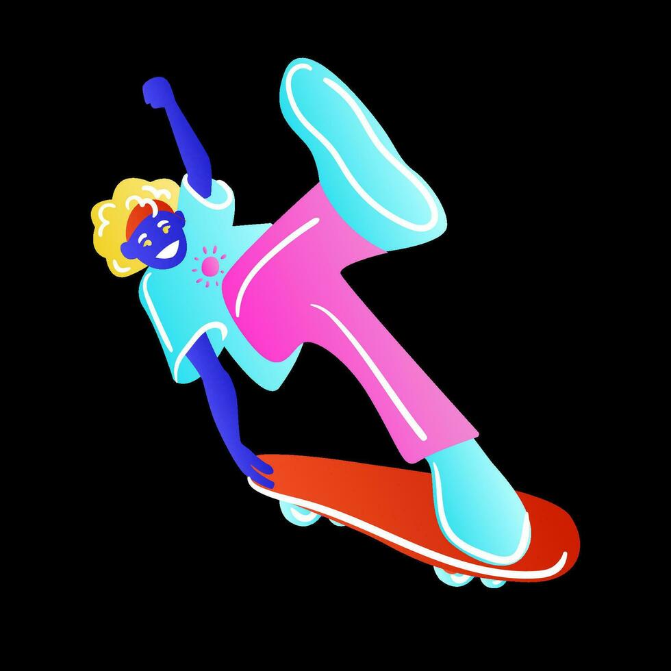Skateboardfahrer auf schwarz Hintergrund. das Skateboardfahrer Mann ist tun ein Trick. Skateboardfahrer im hell Neon- Farbe T-Shirt Design. Vektor Illustration