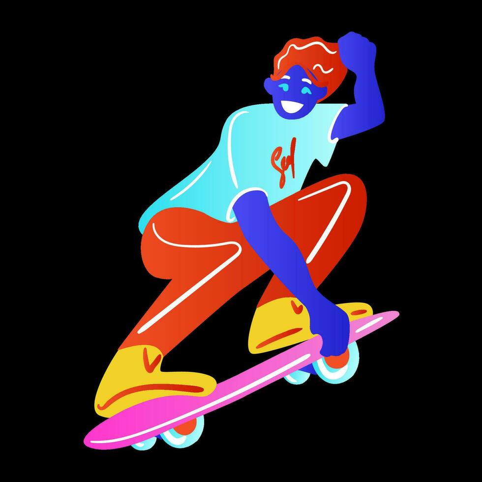 skateboarder på svart bakgrund. de skateboarder man är håller på med en lura. skateboarder i ljus neon Färg t-shirt design. vektor illustration