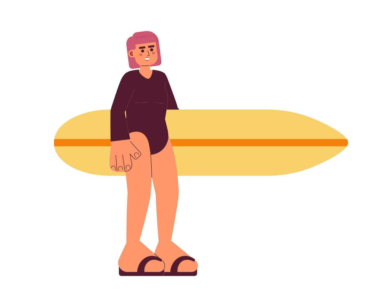 Surfer Mädchen halten Surfbrett halb eben bunt Vektor Charakter. Surfer Neoprenanzug Frau Stehen. editierbar voll Körper Person auf Weiß. einfach Karikatur Stelle Illustration zum Netz Grafik Design