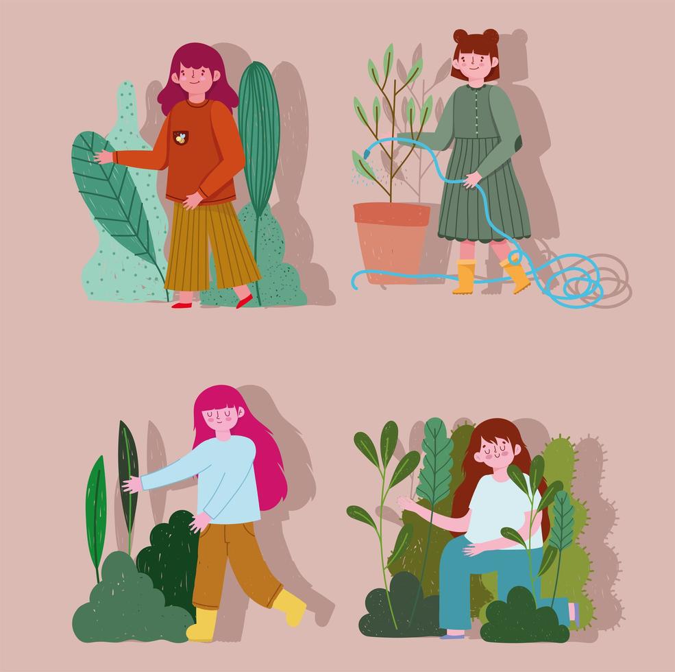 trädgårdsarbete sätta flickor med växter naturen sprutar vatten vektor