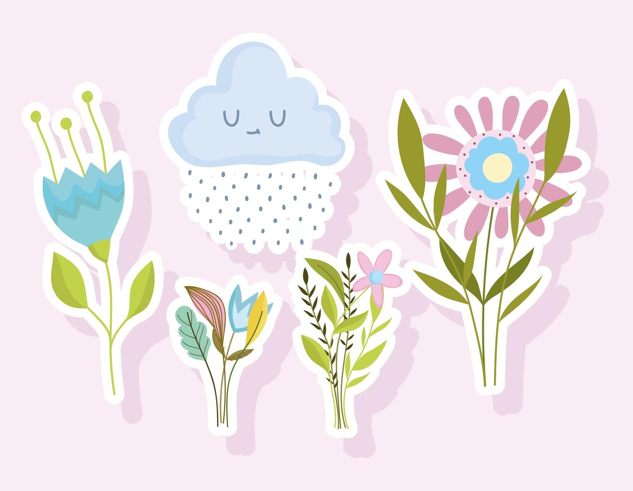 vår klistermärken ikon blommor bukett natur moln regn vektor
