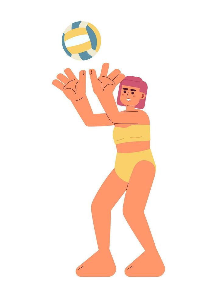 flicka volleyboll spelare godkänd volley boll semi platt färgrik vektor karaktär. baddräkt kvinna på strand. redigerbar full kropp person på vit. enkel tecknad serie fläck illustration för webb grafisk design