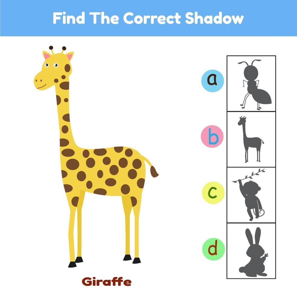 Finden Sie den richtigen Schattenspiel Tier Giraffe Cartoon Illustration Vektor