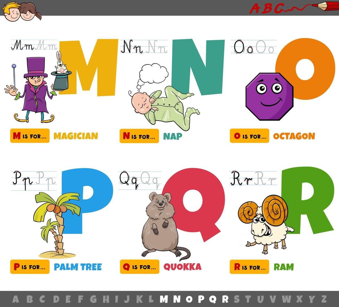 pedagogiska tecknade alfabetbokstäver för barn från m till r vektor