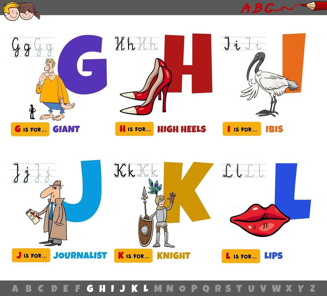 pedagogiska tecknade alfabetbokstäver för barn från g till l vektor