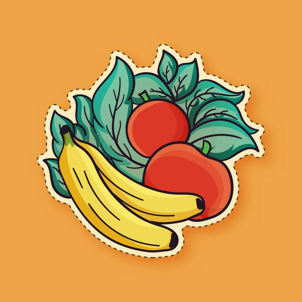 klistermärke stil färsk frukt av banan och äpple med löv på orange bakgrund. vektor