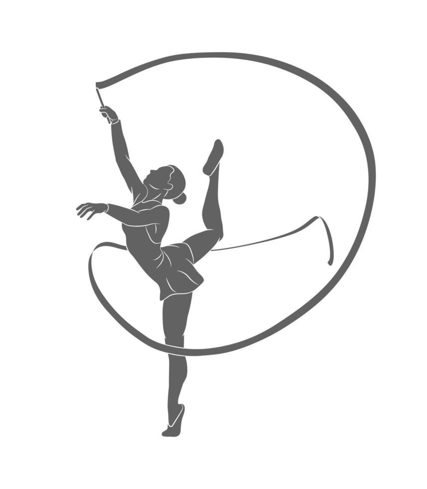 silhuettflickagymnast med band på en vit bakgrundsvektorillustration vektor