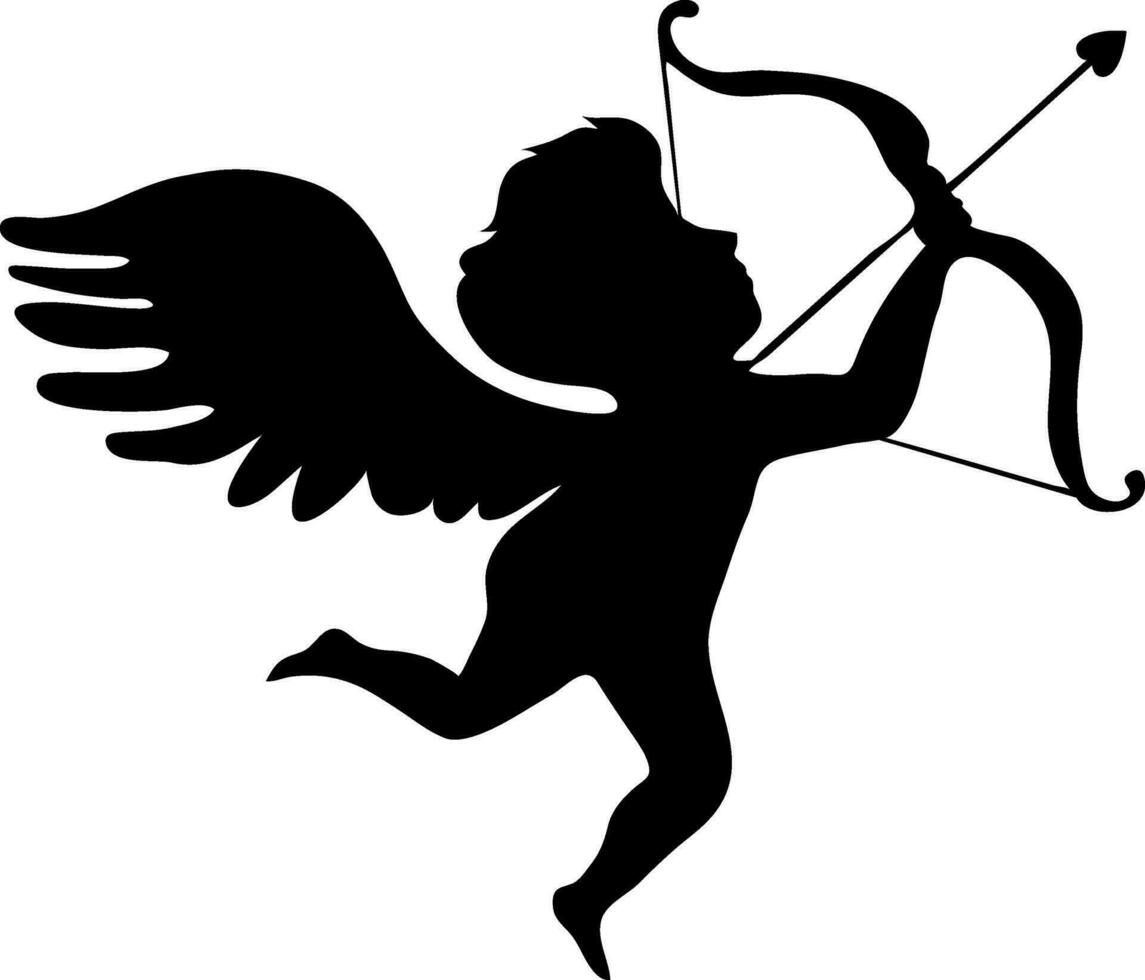 Silhouette Engel Bogen mit Pfeil im schwarz Farbe. vektor