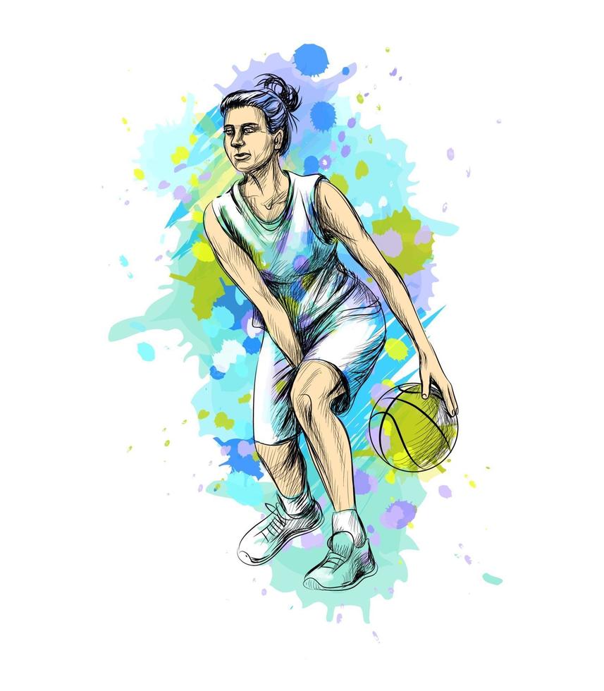 abstrakter Basketballspieler mit Ball von einem Spritzer von Aquarellhand gezeichneter Skizzenvektorillustration von Farben vektor