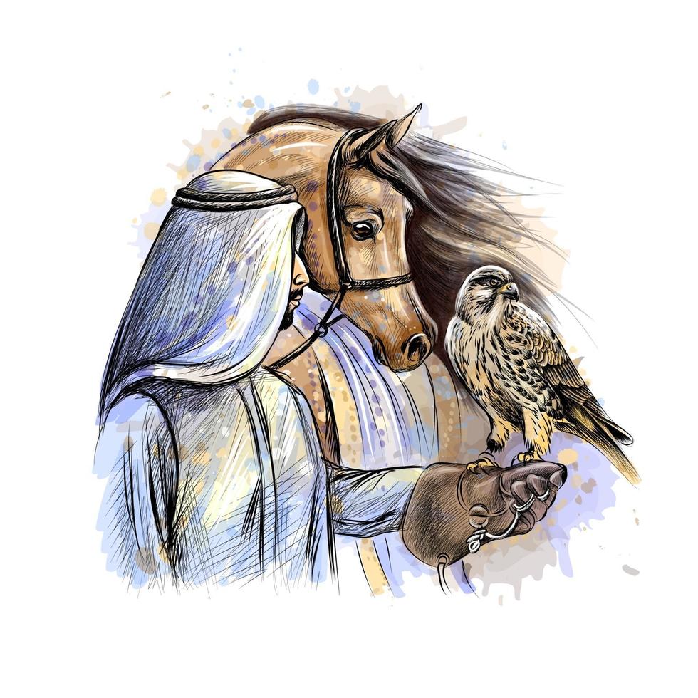 arabischer Mann mit einem Falken und einem Pferd von einem Spritzer von Aquarellhand gezeichneten Skizzenvektorillustration von Farben vektor