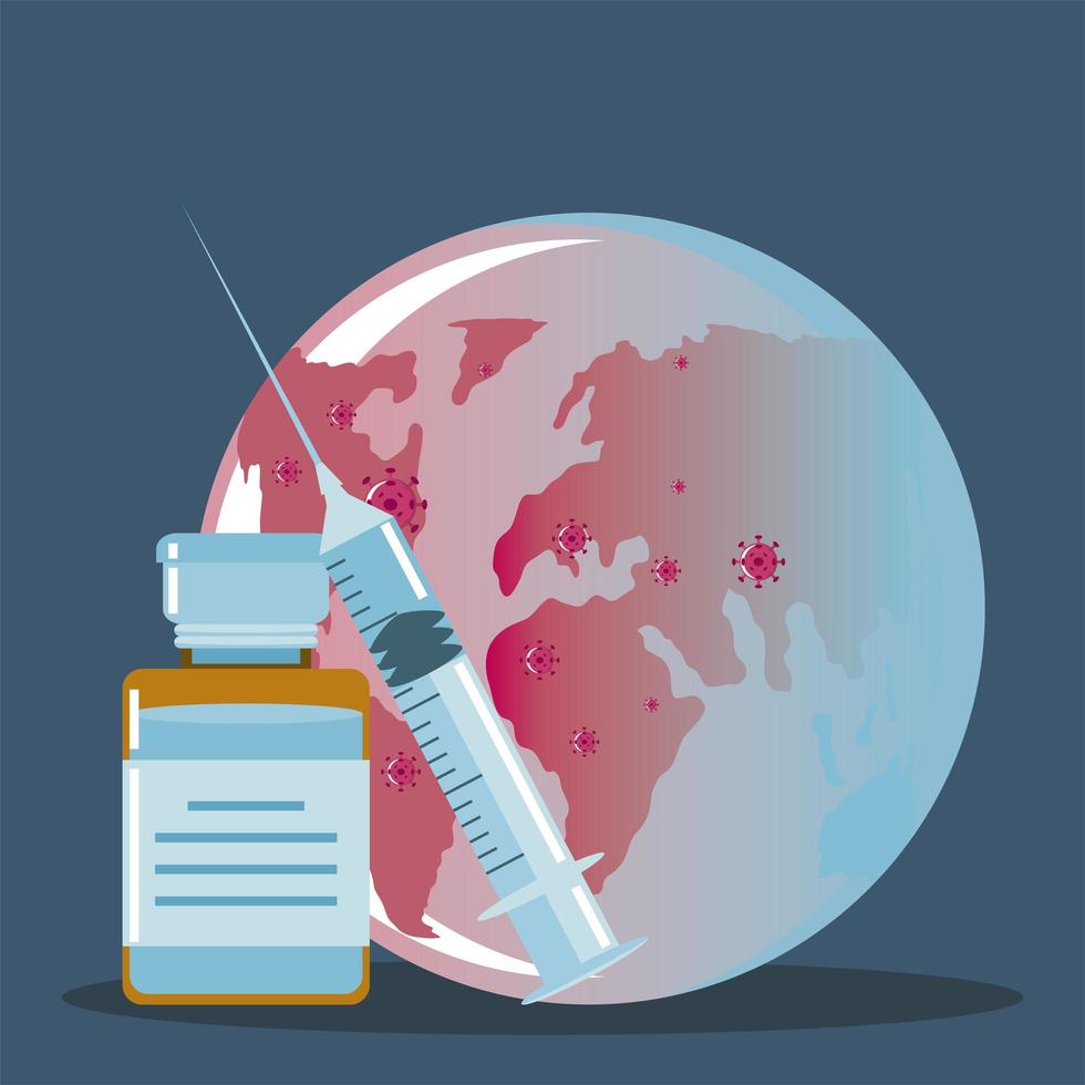 Impfstoffspritze und Fläschchenmedizin Planetenschutz gegen Covid 19 vektor