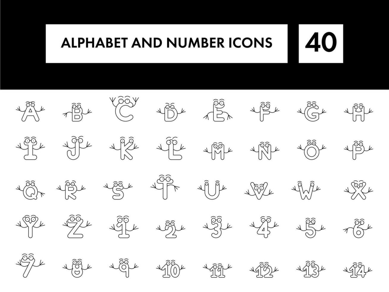 uppsättning av tecknad serie rolig alfabet och tal ikon i tunn linje konst. vektor