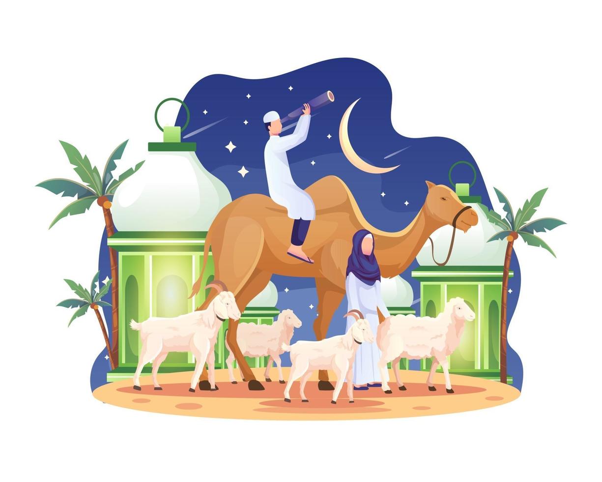 Das Paar brachte ein Kamel und einige Ziegen und Schafe am Vorabend der Vektorillustration von eid al adha mubarak vektor