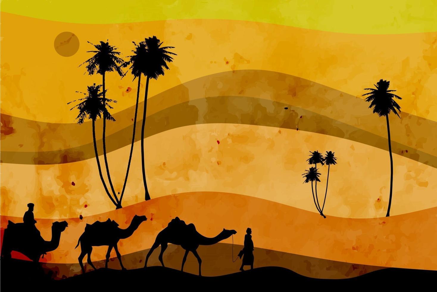 vacker öken solnedgång abstrakt bakgrundslandskap med arabiska passagerare som håller kameler och abstrakta träd vektor