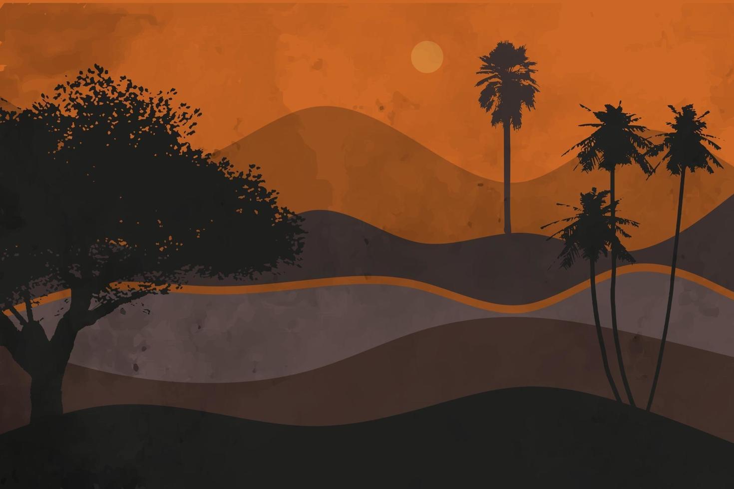 schöne Berge und Hügel Sonnenuntergang abstrakte Hintergrundlandschaft mit abstrahierten Palmen vektor