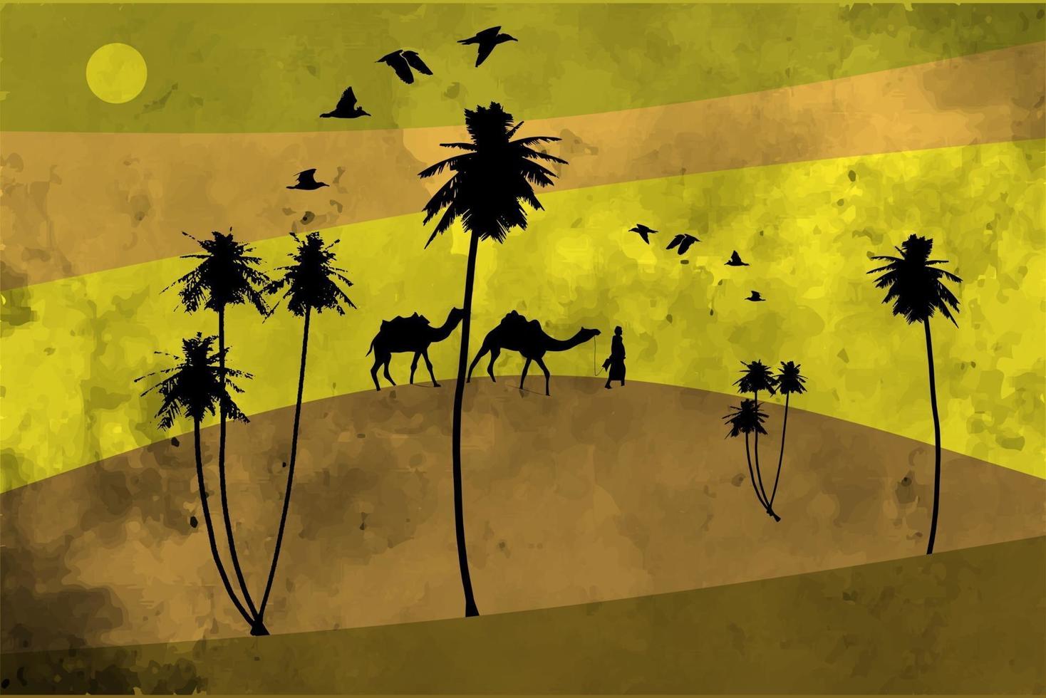 abstrakte Hintergrundlandschaft des schönen Wüstensonnenuntergangs mit arabischen Passagieren, die Kamele und abstrakte Bäume halten vektor