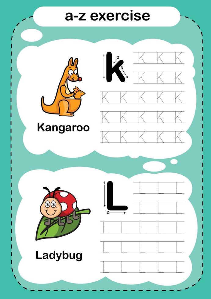 alfabetet bokstaven k och l övning med tecknad ordförråd illustration vektor
