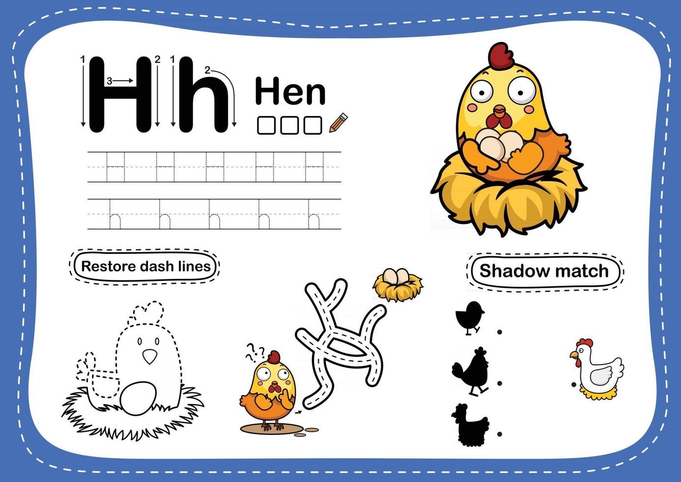 Alphabet Buchstabe h Henne Übung mit Cartoon Vokabular Illustration Vektor