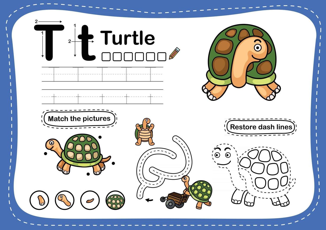 Alphabet Buchstabe t Schildkröte Übung mit Cartoon Vokabular Illustration Vektor