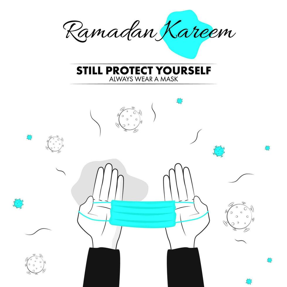 Gekritzel Stil Illustration von Hände halten medizinisch Maske zu schützen von Coronavirus zum Ramadan karem. vektor