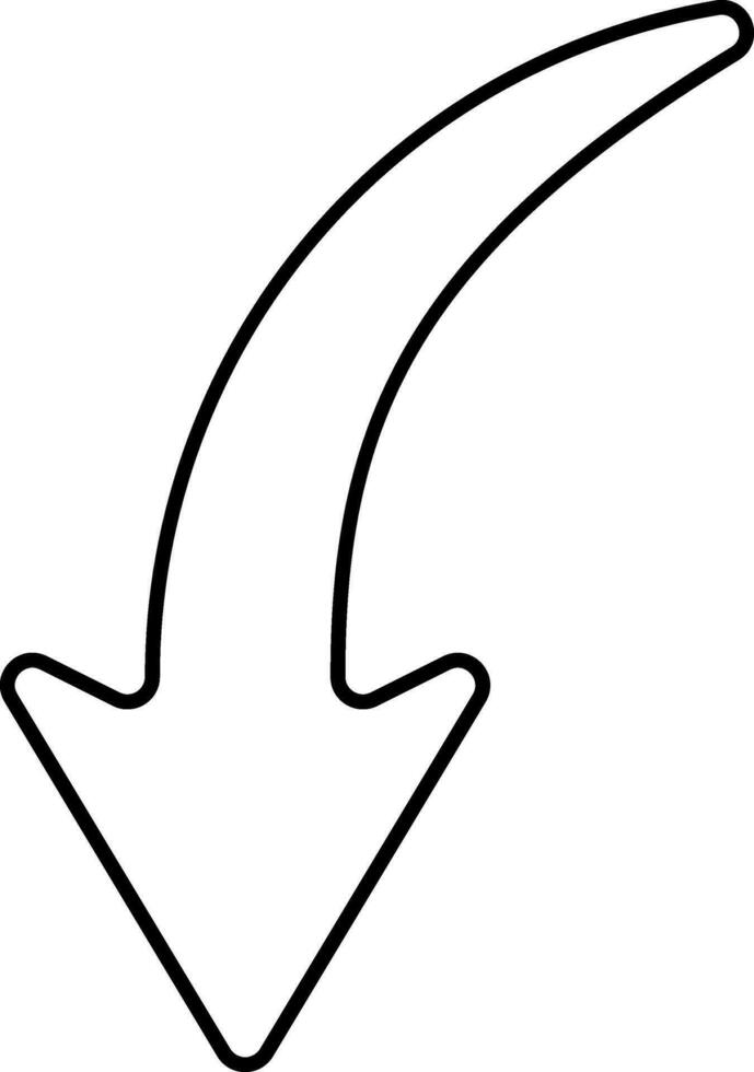 links Nieder gebogen Pfeil schwarz Gliederung Symbol. vektor