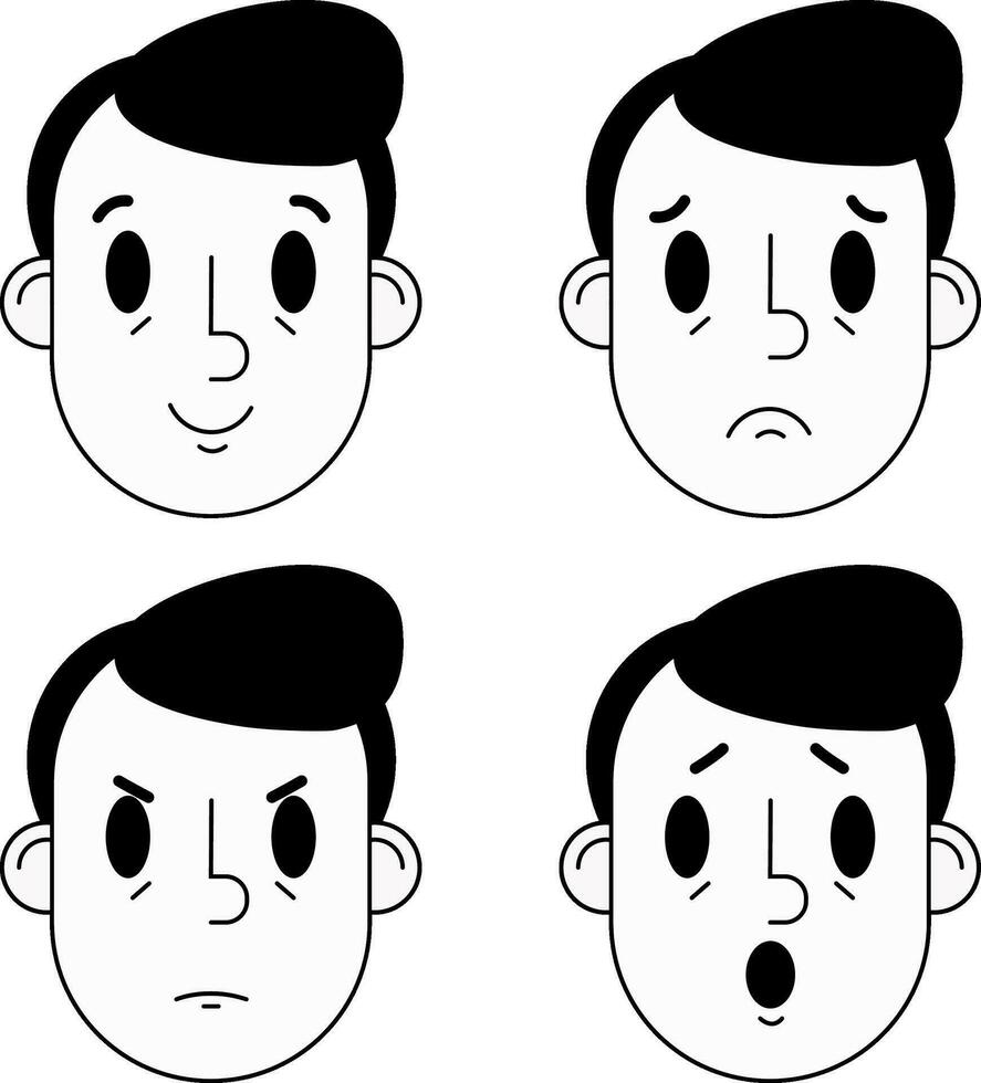 ein Jungs Gesicht mit anders Emotionen. das Junge lächelt und ist traurig. ein einstellen mit Emotionen. Symbole mit dünn Linien zum Webseiten, Anwendungen und Design. minimalistisch eben Stil. vektor