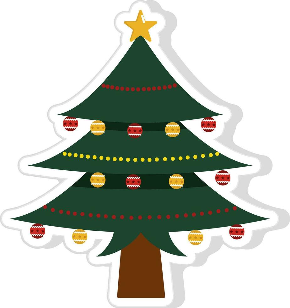 Aufkleber Stil dekoriert Weihnachten Baum mit Star und Ornamente im eben Stil. vektor
