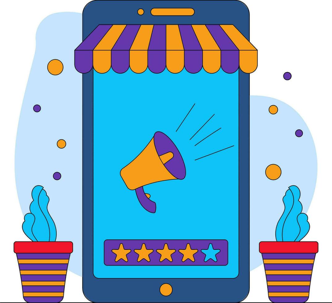 online Werbung und Star Bewertung von E-Shop im Smartphone Bildschirm mit Pflanze Topf gegen Hintergrund. vektor