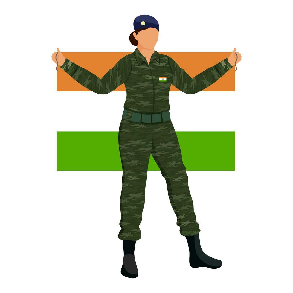 ansiktslös armén kvinna innehav indisk tricolor flagga mot vit bakgrund. vektor