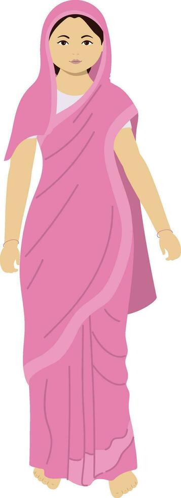 karaktär av indisk kvinna bär rosa saree i stående utgör på vit bakgrund. vektor