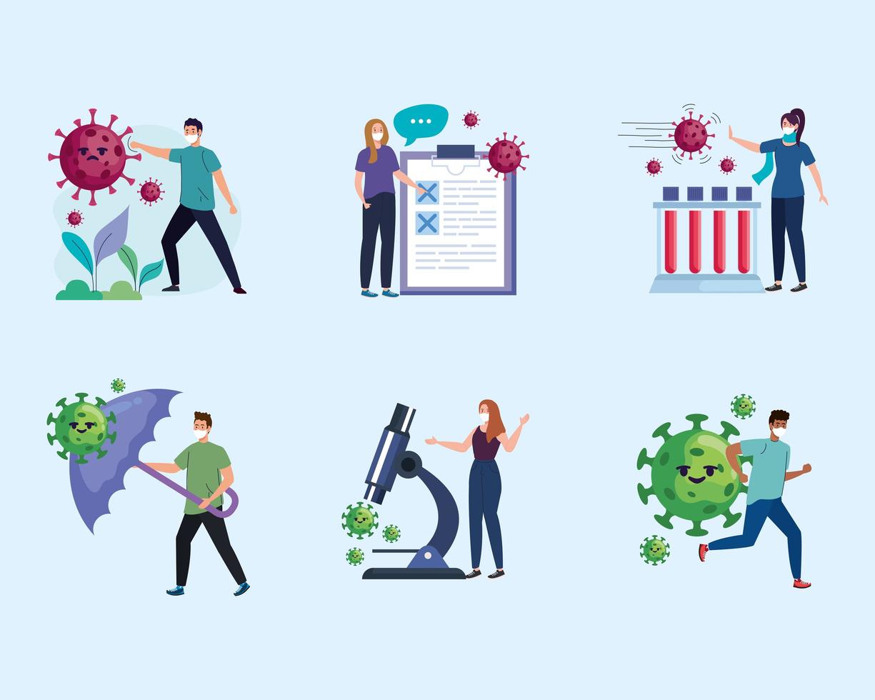 Personengruppe mit covid19-Viruspartikeln und Symbolen vektor