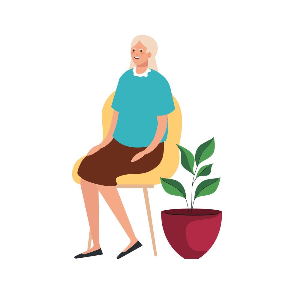 ältere alte Frau, die im Stuhl- und Zimmerpflanzencharakter sitzt vektor
