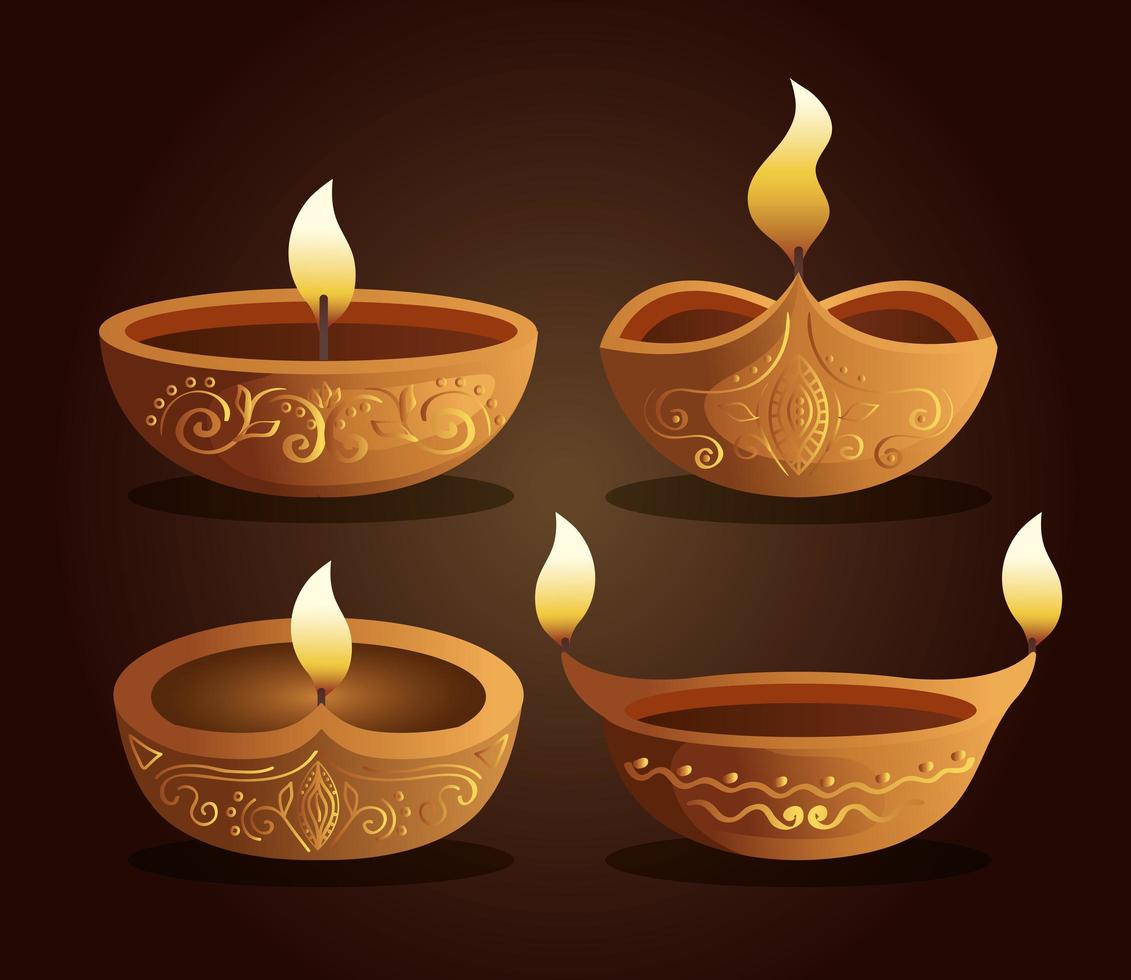 glückliche diwali diya Kerzen gesetzt auf braunem Hintergrundvektordesign vektor