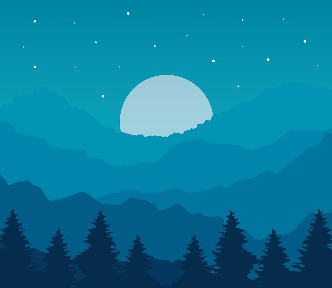 Landschaft von Kiefern und Mond auf blauem Hintergrundvektorentwurf vektor
