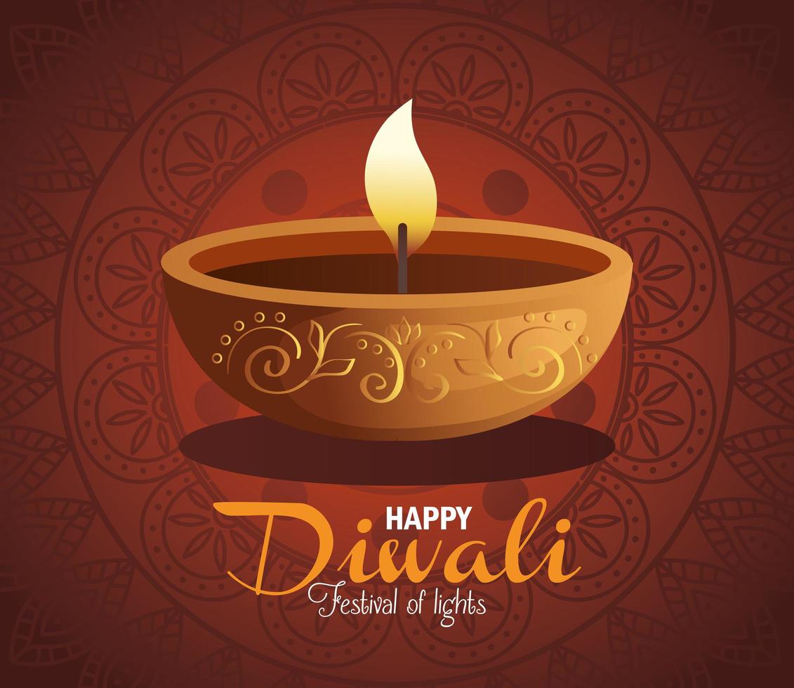 glückliche diwali diya Kerze mit Mandala auf rotem Hintergrundvektorentwurf vektor