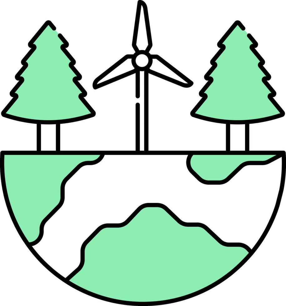 eben Stil Windmühle mit Baum im Hälfte Globus Grün und Weiß Symbol. vektor