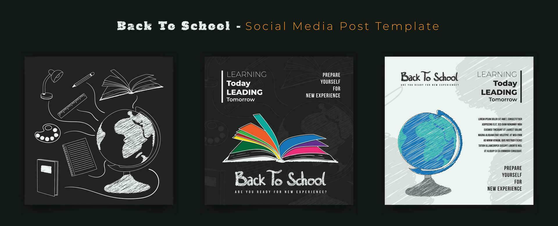 uppsättning av social media posta med svart vit bakgrund och skola stationär i krita effekt design vektor