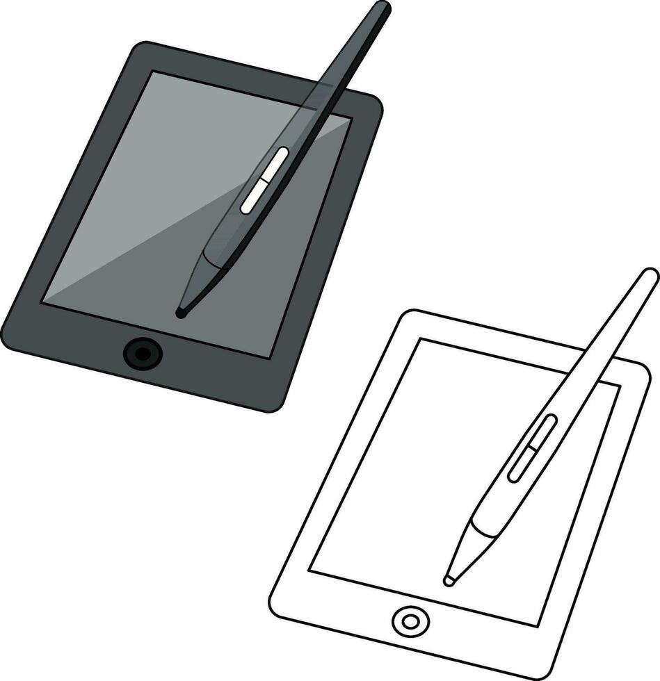 Grafik Tablette mit Stift Vektor Illustration, Computer Grafik Tablette farbig und schwarz und Weiß Linie Zeichnung Lager Vektor Bild