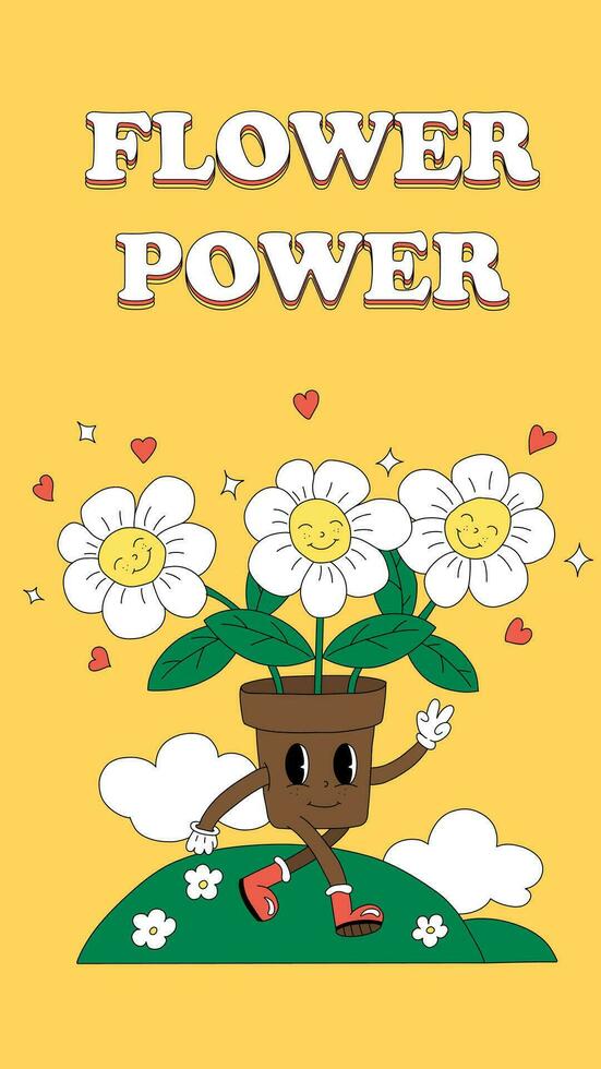 sjuttiotalet retro slogan blomma kraft med hippie blommor daisy social media mallar berättelser inlägg häftig skraj vektor illustration