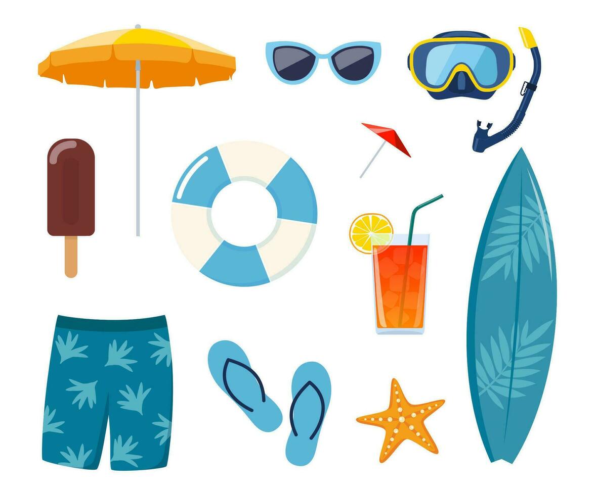 Sommer- Strand Elemente, Satz. Sommer- bunt Objekte Sammlung zum draussen Ausflug Urlaub. Vektor Illustration.
