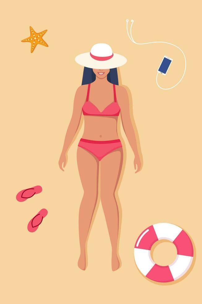 skön ung kvinna i baddräkt sola på de strand. topp se strand bakgrund. sommar tid semestrar. vektor illustration.