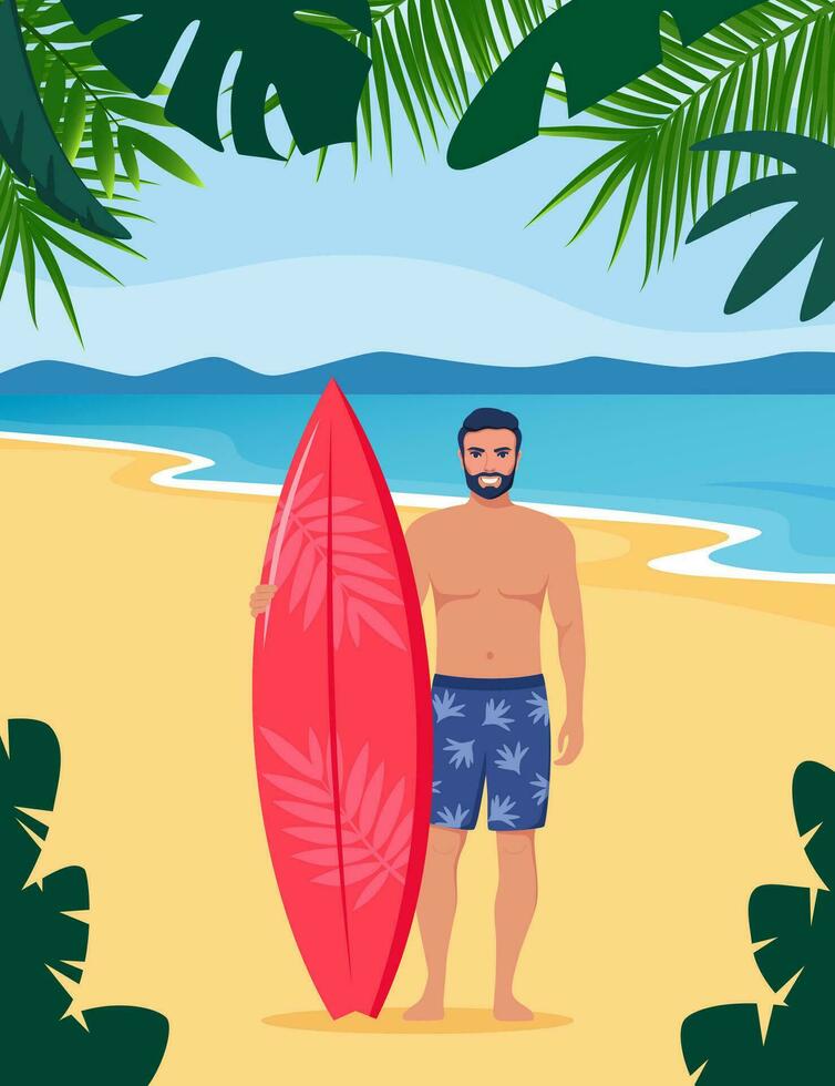 jung Mann Surfer mit Surfbrett Stehen auf das Strand. lächelnd Surfer Kerl. Vektor Illustration.