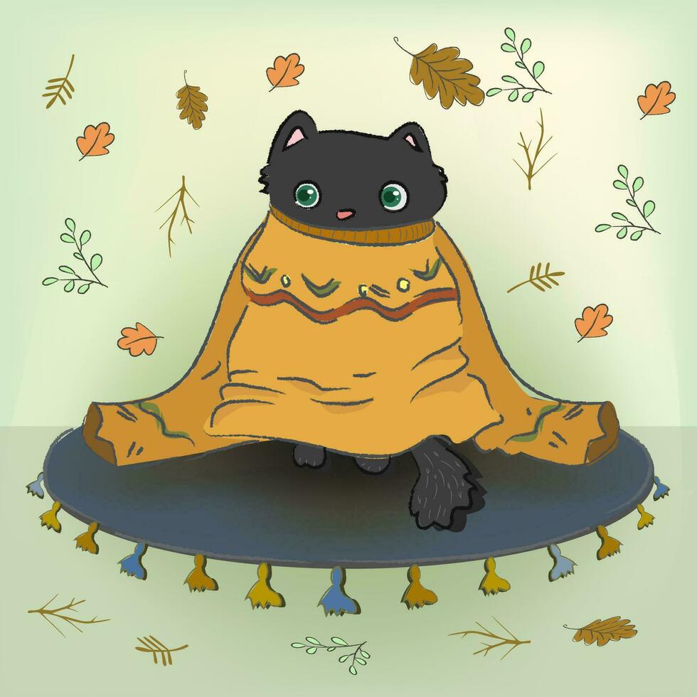 ein Katze im ein groß Pullover, süß Augen mit ein überrascht Ausdruck, Herbst gemütlich, fallen Blätter, ein Katze Sitzung auf ein Teppich vektor
