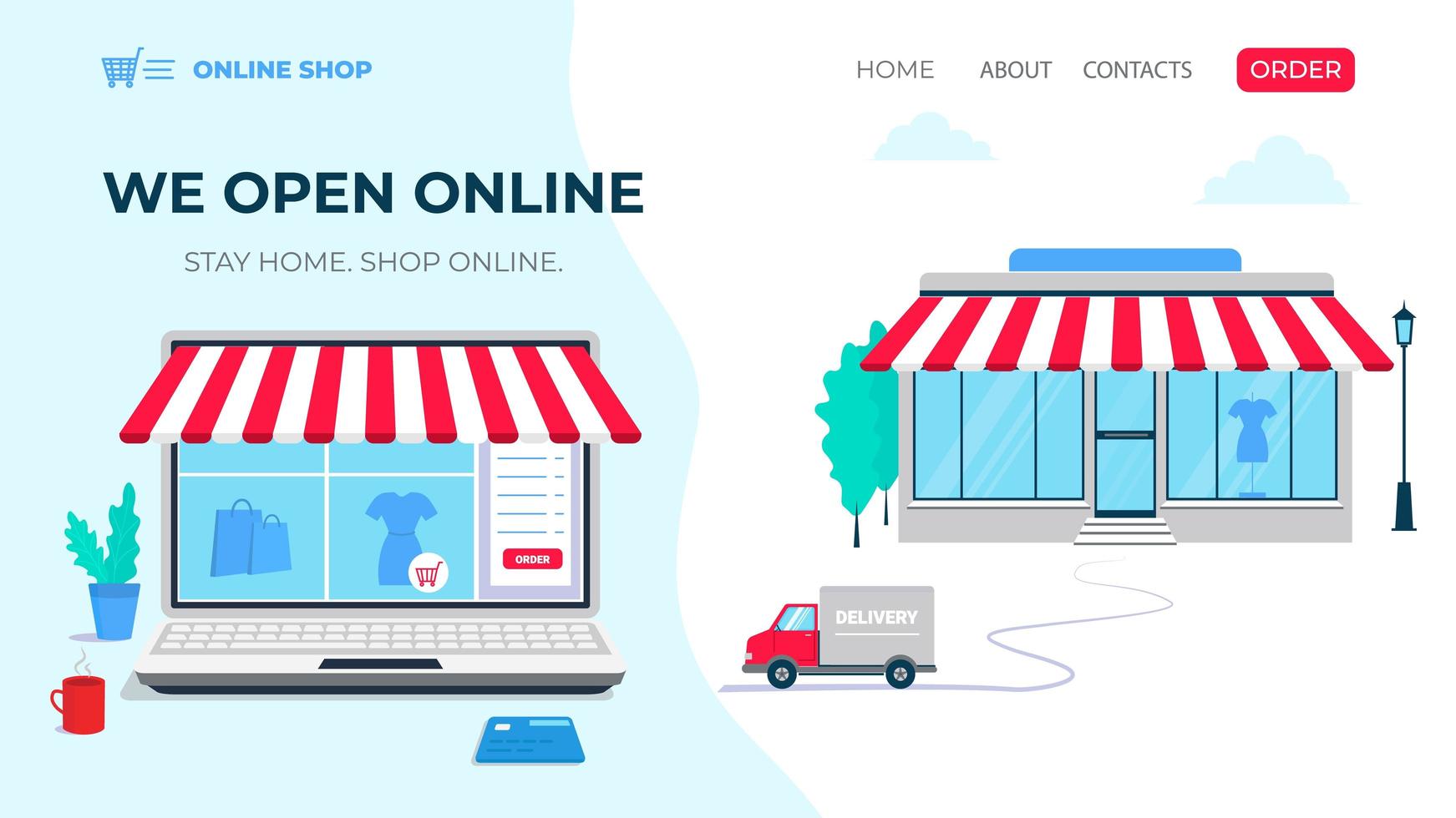 Online-Shopping Webdesign-Shop Gebäude und Online-Shop auf Computerbildschirm vektor