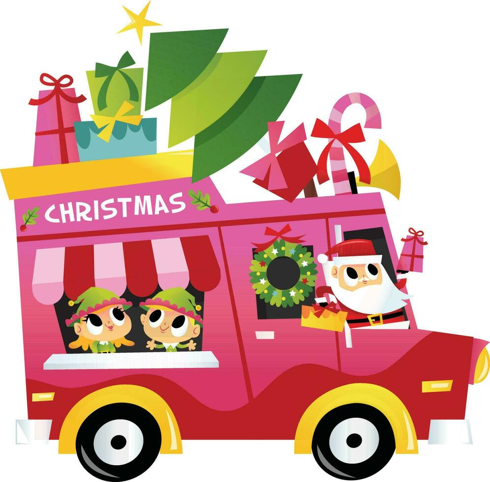 super söt jul lastbil med santa och älvor vektor