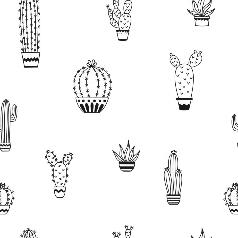 nahtloses Muster mit eingetopften Kaktusvektor-Umrissillustrationszeichnungen für Designverpackungs-Textilhintergrunddesign-Postkarten und -Plakate vektor