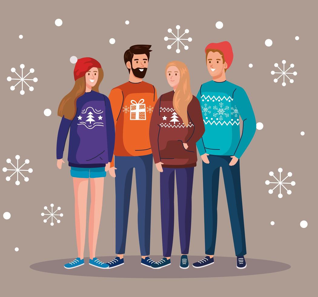 Männer und Frauen mit Frohe Weihnachten Pullover Vektor-Design vektor